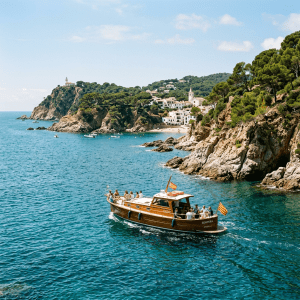 Wooden boat with passengers sailing near rocky coastline with trees, white village, and lighthouse