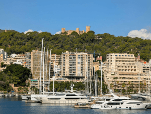scenic view of palma de mallorca harbor and bellver castle